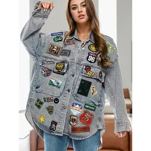 Embroidered Patch Button Up Long Sleeve Denim Jacket