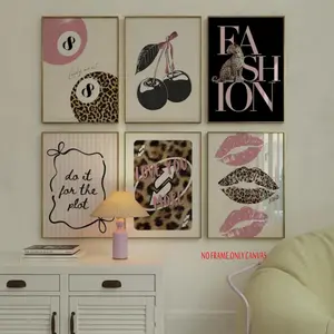 6-Piece Set Pink Leopard Animal Lucky Number 8 Ball Canvas Art Y2K Cherry Girl Quotes Valentine's Day Home Decor Poster, Frameless Wall Art Decor