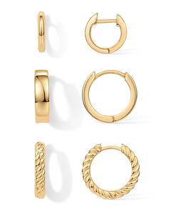 PAVOI 18K Gold Plated Sterling Silver Posts 3 Pairs Small Hoop Earrings Set | Plain Rope Wide Huggie Hoop Pack Earscape for Women 15mm 14mm 12mm