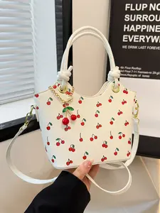 Stylish Women's Bucket Bag with Cherry Pattern, Detachable Cherry Charm, Zipper Closure, Perfect for Shopping, Commuting, or Gifting, Fashionable Bucket Bag, Fashionable Bags