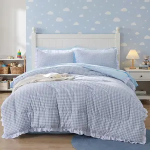 Queen Gingham Ruffle Comforter Set, 5Pieces Blue Lightweight Checked Bedding for Girls(Blue,Queen)