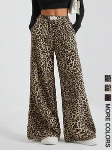 Valentine's Day Women's Leopard Print Wide Leg Pants, Casual Comfy Trousers for Daily Wear, Ladies Bottoms for Summer