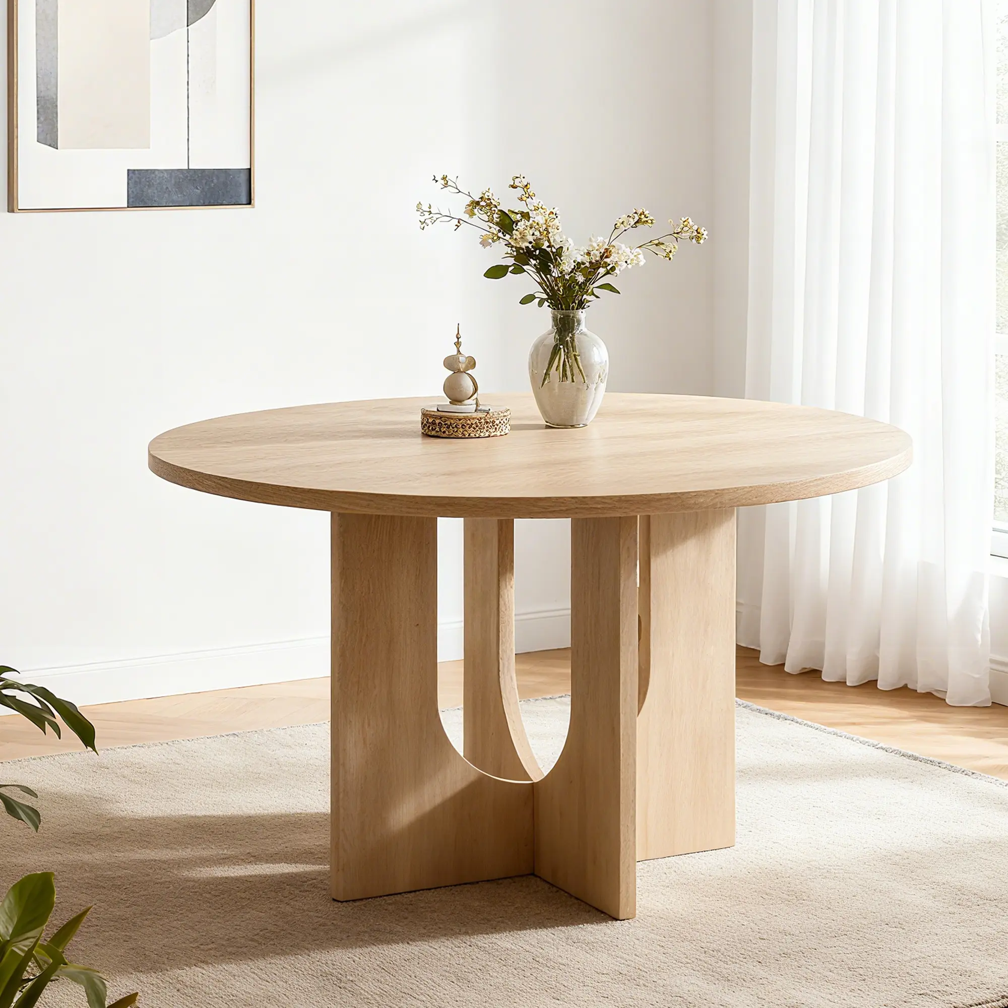 Farmhouse Round Dining Table for 4-6 People, 47.3" Mid-Century Modern Trestle Kitchen Table, Sturdy MDF Wood with Waterproof Scratch-Resistant Natural Grain Surface, Easy Setup, Light Oak for Dining Room/Living Room