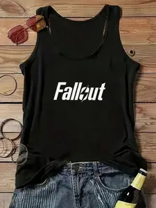 Plus Size - Black Vest  Fallout White Game Font Print  Cool And Eye-Catching  Ideal For Gaming Enthusiasts  Crew Neck, Slight Stretch Fabric