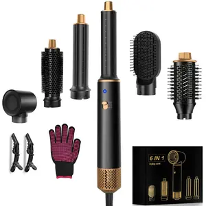 6-In-1 Hair Styling Brush Set air wrap hair stylerwith Gloves & Clips, 33,000 Rpm Hot Air Brush, Curling Iron, hair dryer Straightener, Drying Tool for Smooth Hair Multifunctional Styler