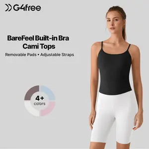 G4Free BareFeel Built in Bra Camisole Tops Yoga Workout Removable Padded Cami Spaghetti Strap Pilates Tank Top