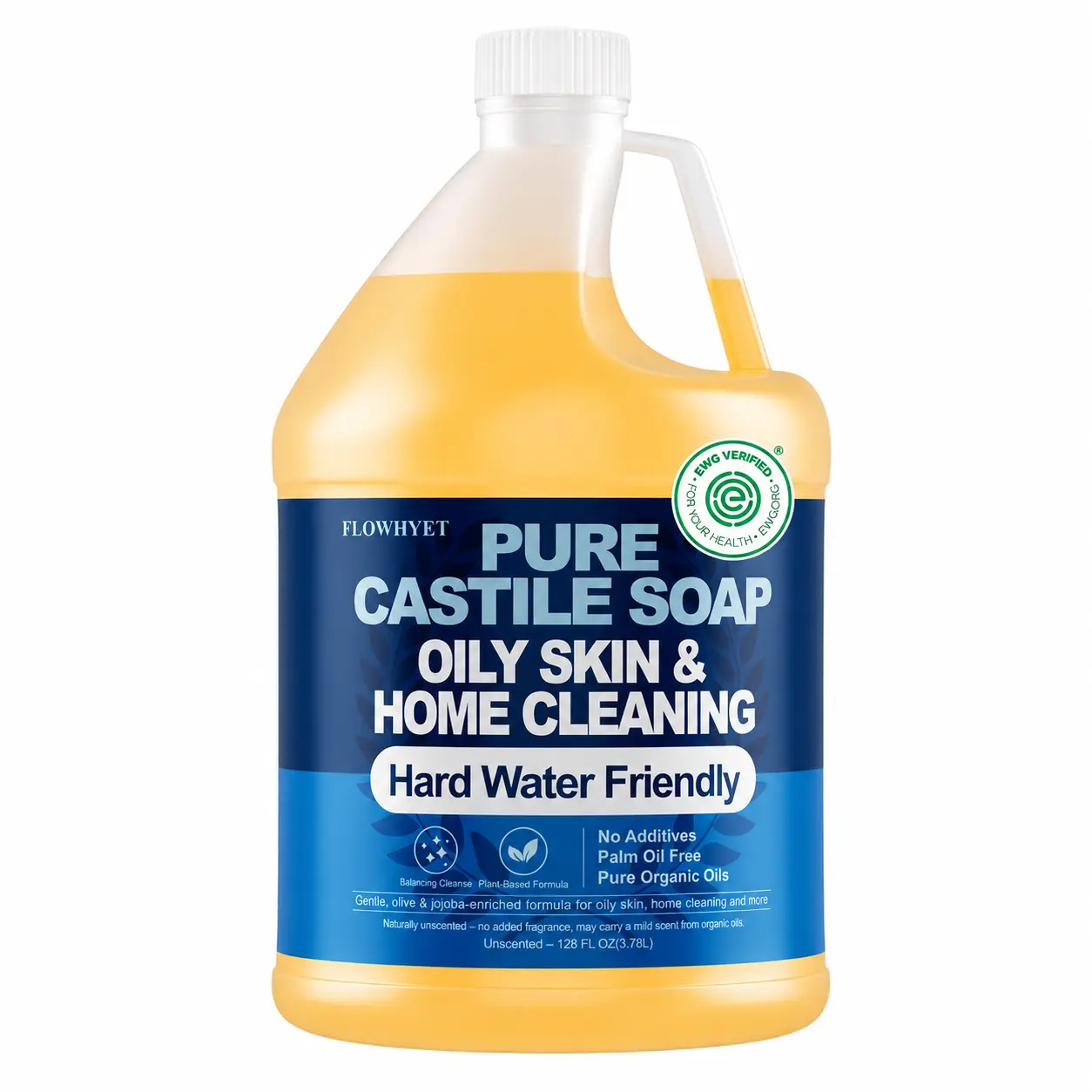 1 Gal (128 oz) EWG Verified Unscented Pure Organic Castile Liquid Soap Refill - Oily Skin & Hard Water Friendly, Concentrated Hand Wash, Body Wash