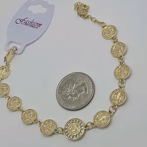 SAINT BENEDICT religious bracelet coins style 7to 9"inches gold-plated clear stone's