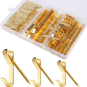 184 Pieces Picture Hanging Kit, 20lb, 30lb, and 50lb Picture Hangers, Metal Picture Hanging Hooks with Nails, on Drywall, Wooden Wall(Gold) Steel Rails