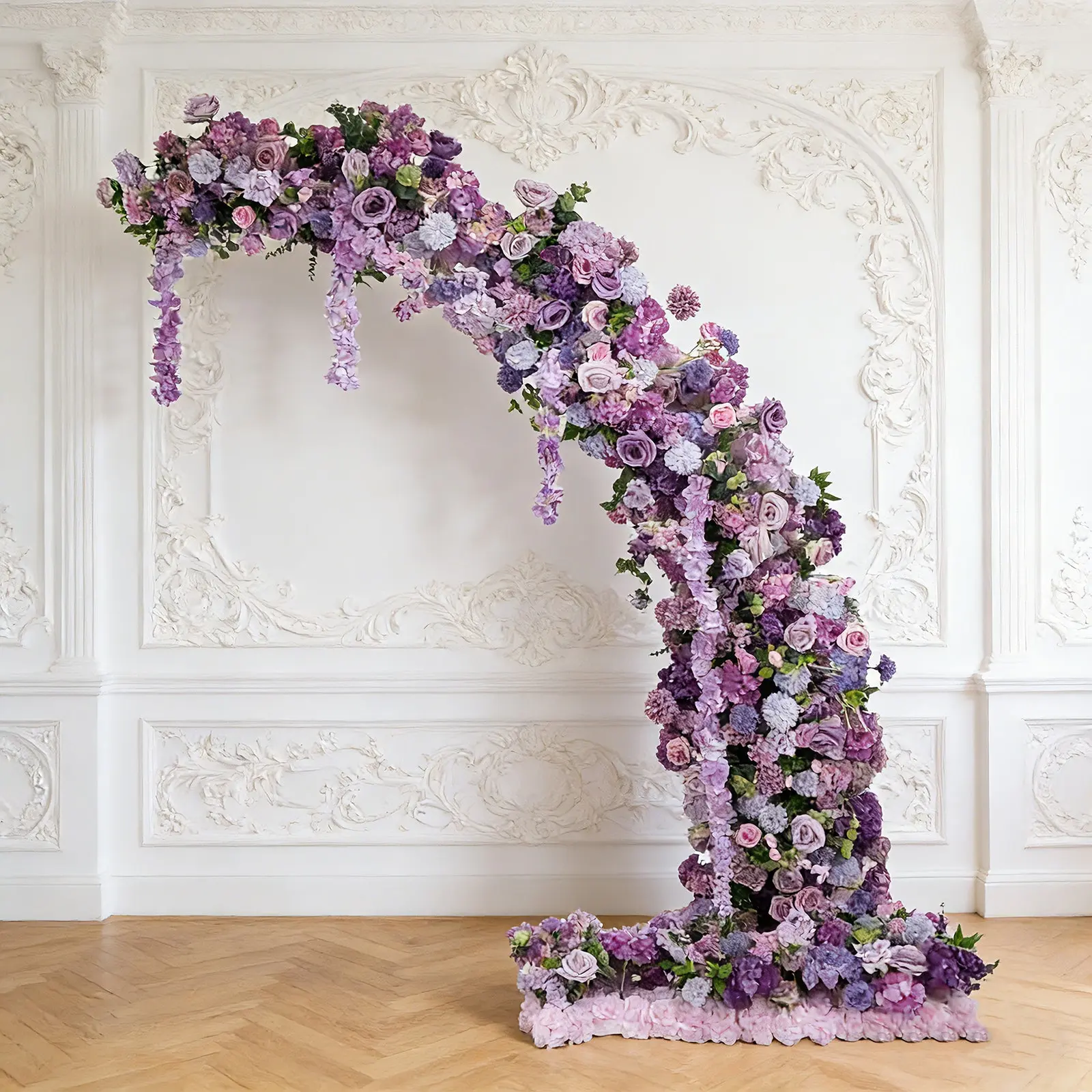 Decorative Lavender Lilac Mix Silk Floral Backdrop - 8ft Half Crescent Wedding Arch Decor, Foam-Backed Artificial Plants with Roses, Hydrangeas, Chrysanthemums Fake Flower Accent