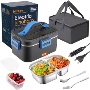 Electric Lunch Box Food Heater, Leak Proof Design, 1.5L & 1.8L, Portable for Car Trips, Includes Tableware, Spoons, Forks & Bag - Container, Set 80W/1.5L/Black Reusable 80W/1.8L/Blue