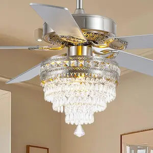Noise-Free 52" Crystal Ceiling Fan with LED Light & Remote Control Elegant Gold Chandelier Design Energy-Saving Reversible Silent Motor for Atmosphere Lighting Ambient Decoration Lamp
