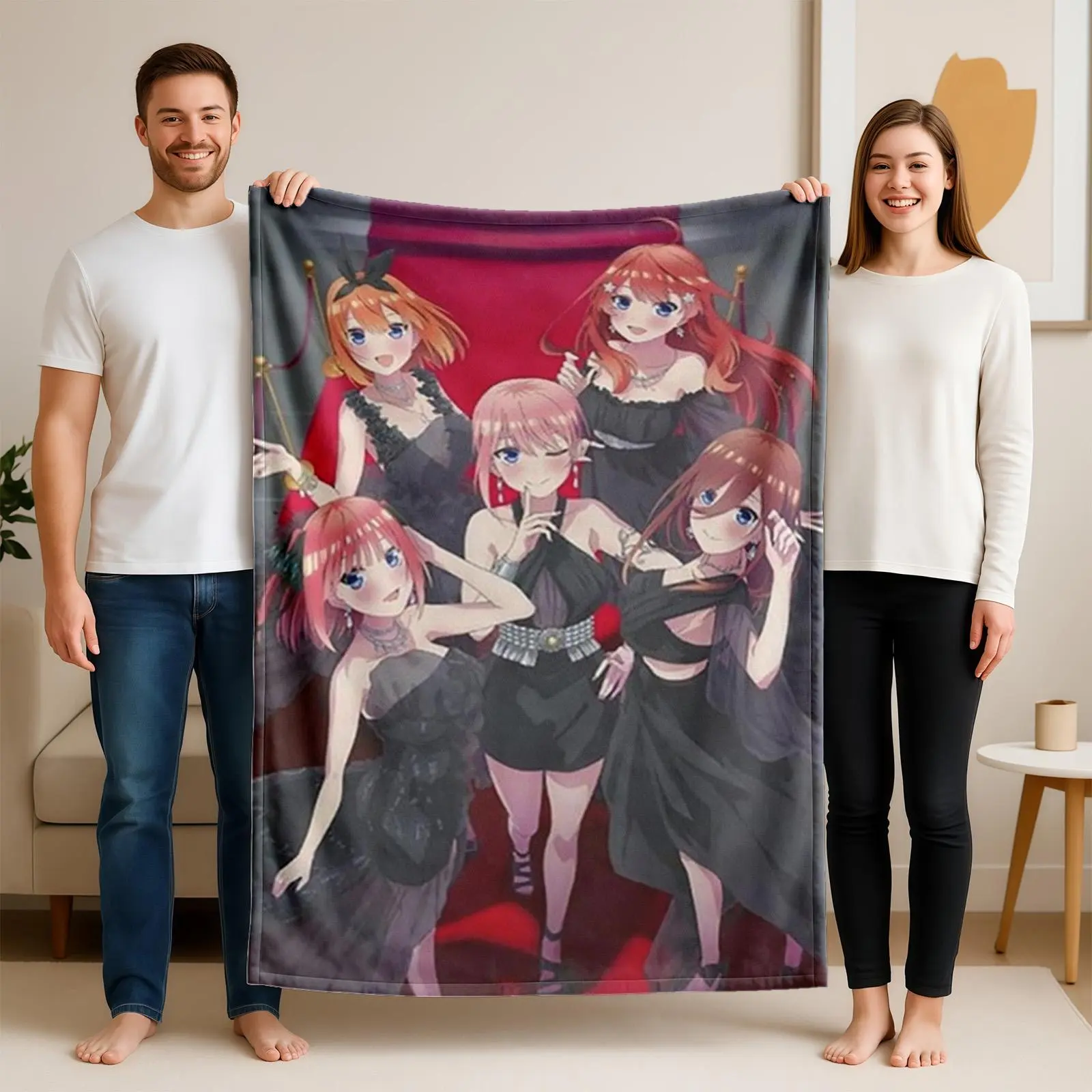 The Quintessential Quintuplets characters in black dress flannel blanket, Anime blanket, Cartoon printed blanket, digitally printed pattern