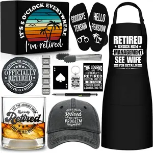 15 Pcs 2025 Retirement Gifts for Men Whiskey Glass Set, The Legend Has Retired, Funny Retired Supplies with 11 Oz Whisky Glass Coaster Stones Apron Baseball Cap Socks for Dad, Coworker, Boss, Grandpa