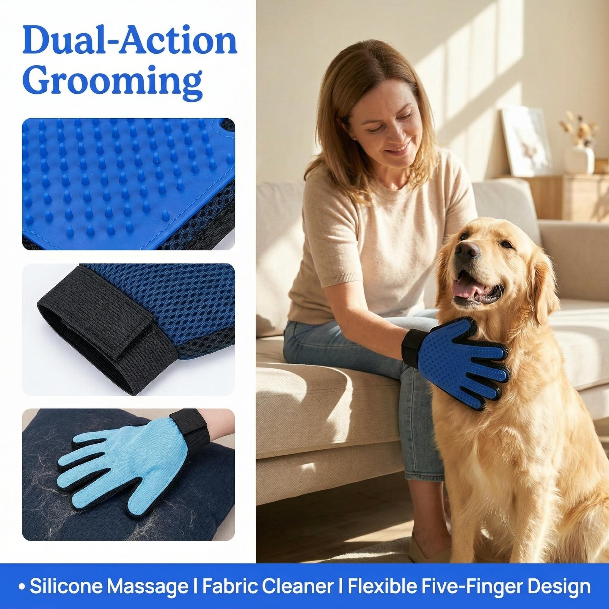 Pet Hair Removal Glove for Dogs & Cats, 2-in-1 Deshedding Brush & Massage Mitt - Grooming Gloves for Shedding Control, Bathing and Washing, Safe for Short/Long Hair Pets 2-Pack (Blue)
