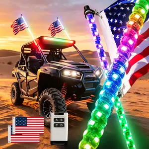 2Pcs 2FT/3FT Whip Lights for UTV ATV  Brighter Led Whip Light Quick Release Base Antenna Whip with Remote Control  & 2 Flags for RZR SXS Can-Am Sprial LED Flag Pole Outdoor Automotive ＆Motorcycle Decorative use RGB Spiral Chasing Lighte Off-road Lights