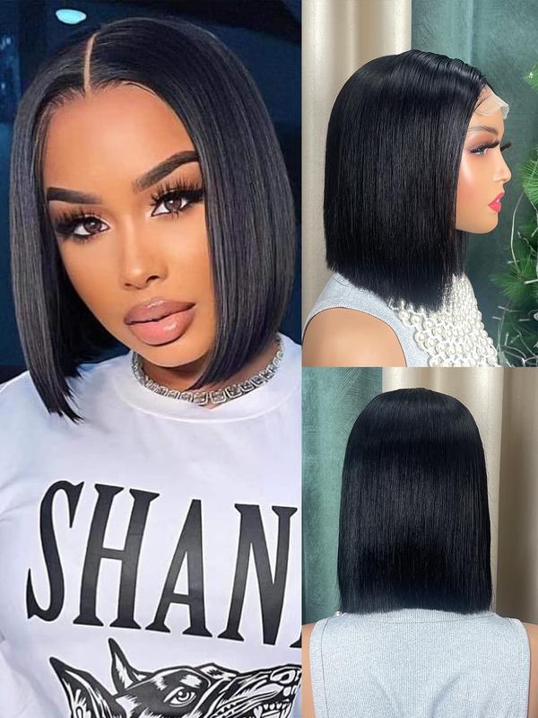 Human Hair Double Drawn Bob Wig, 4x4 Lace Frontal Pre-Plucked Natural Hairline with Elastic Band, Human Hair Short Straight Blunt Cut Wigs for Women,10 inch