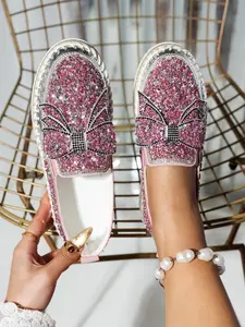 Women's Rhinestone Bow Decorated Slip on Loafers, Fashionable Glitter Design Loafers for Daily Wear, Casual Comfortable Shoes for Daily Wear, Girl
