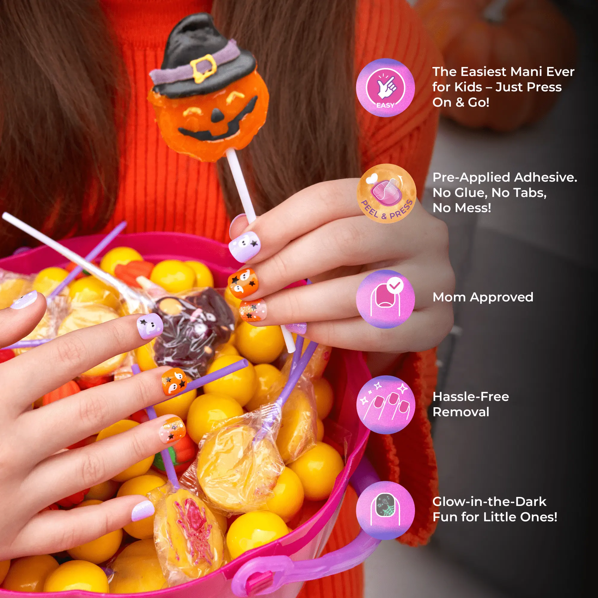 Impress Kids Halloween No Glue Fake Press On Nails - Sweet Spooks | Design, Pink, Kids, Squoval, Glow In The Dark, Manicure