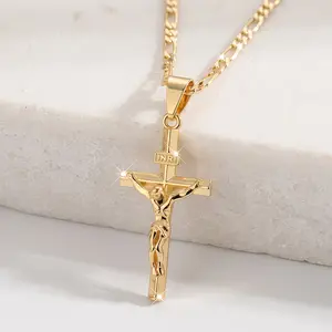 Men's Vintage 14K Gold-Plated Jesus Cross Necklace - Smooth, Sturdy Chain, Religious Costume Jewelry for Daily Wear, Gifting