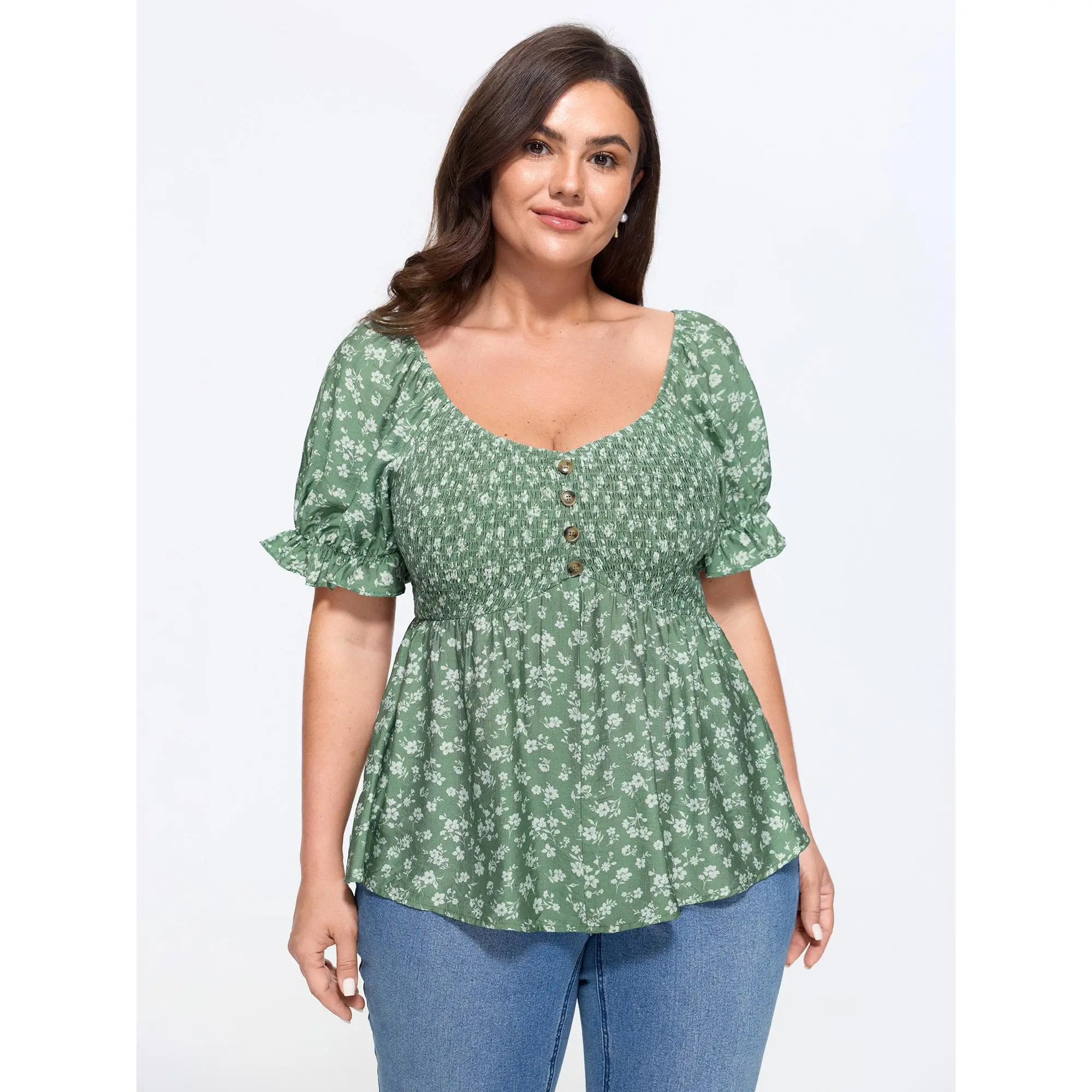 BLOOMCHIC Women's Plus Size Floral Print Shirred Fit-and-Flare Lady Blouse - Top with Nylon Garment Details, M-6X Sizes, 2026 Summer Vacation Outfits, Sleeve, Smooth