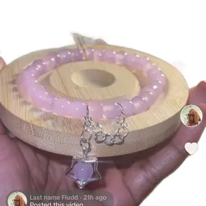 Women's Pink Glass Beaded Bracelet with Chain and Dangle Bead
