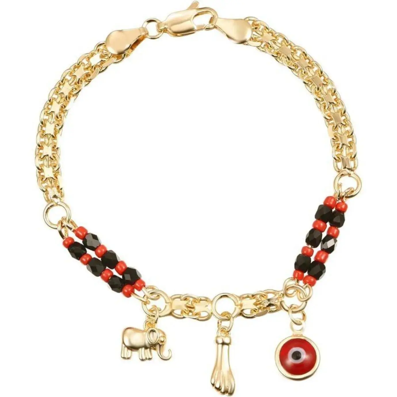 Women's Gold Plated Evil Eye Bangle with Lucky Elephant Charms, Handmade Fashionable Jewelry, Trendy Accessory Gift, Lucky Bracelet, Meaningful Gift, Elegant Bangle, 7.5" Long, Evil Eye Charm, Unisex