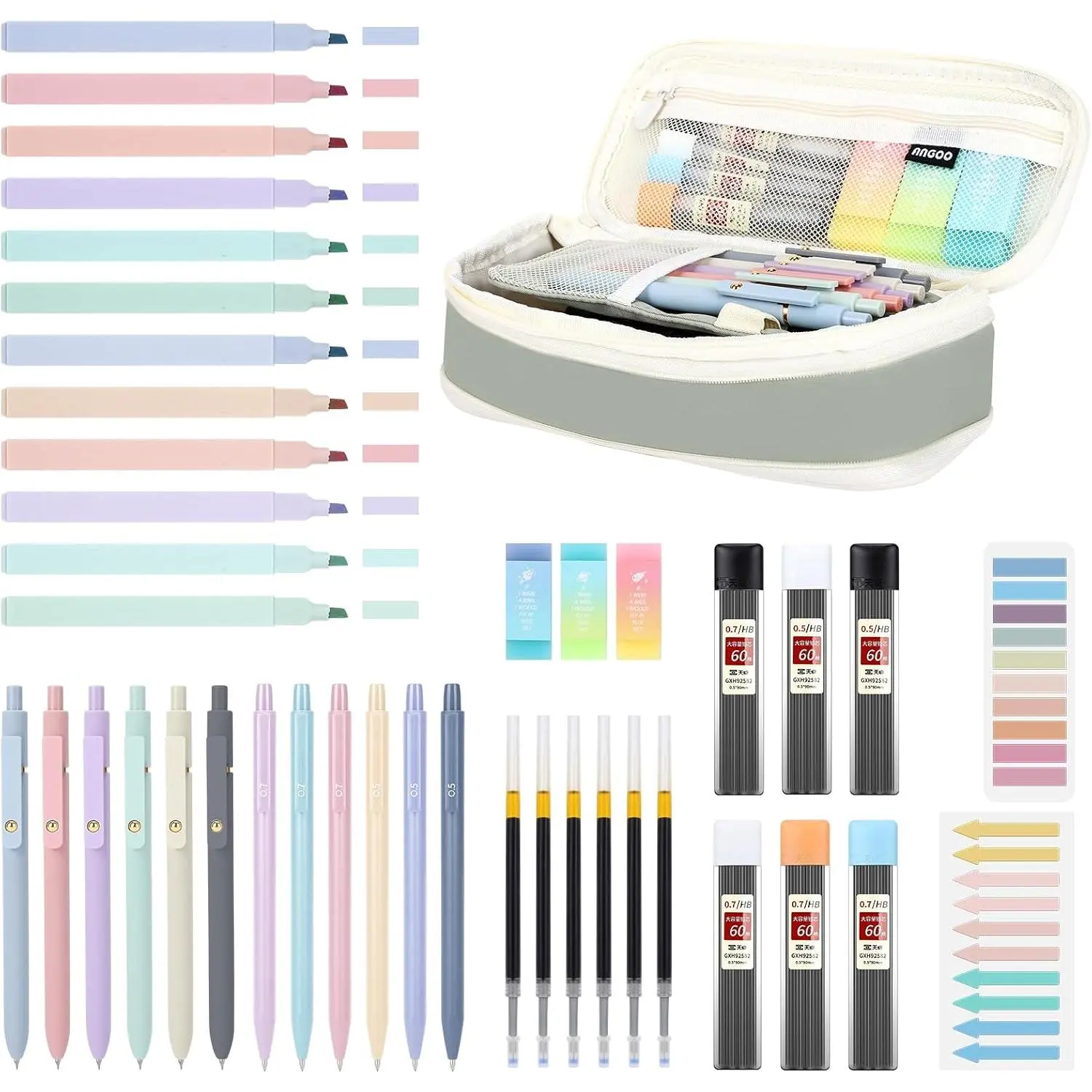 42 count Aesthetic School Supplies with Large Pencil Case, 12 Pastel Highlighters,6 Black Ink Gel Pens,6 Cute Mechanical Pencils Set 0.5 & 0.7 mm for Students Stationary College Essentials