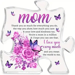 Puzzle Acrylic Sign Gift for Mom – From Kids to Mother, Grandma, or Bonus Mom – Mother’s Day & Birthday Keepsake, Multicolour Flowers Decoration