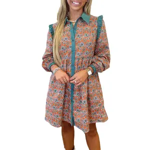 Boho Floral Contrast Collared Shirt Mini Dress