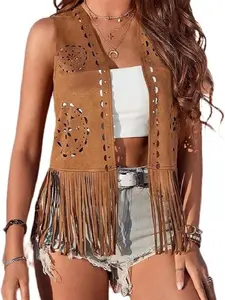 Women Boho Western Tassel Vest Open Front Faux Suede Fringe Cardigan Sleeveless Jacket Vintage Hippie Outwear