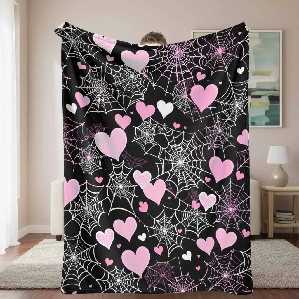 Gothic Heart Spiderweb Flannel Blanket Pink Love Web Print Soft Cozy Lightweight Warm Durable Throw for Bedroom Sofa Halloween Valentine Party Travel Gift, 30*40 Inches, 30×40 Inch / 76×101Cm (Mini)
