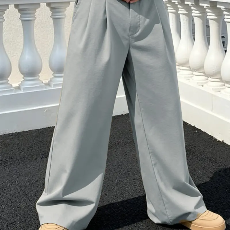 Men's Versatile Solid Color Wide Leg Pants, Unique Button Design, Fitted Style Perfect for Parties and Daily Wear, Casual Fitted Trousers, Casual Plain Trousers