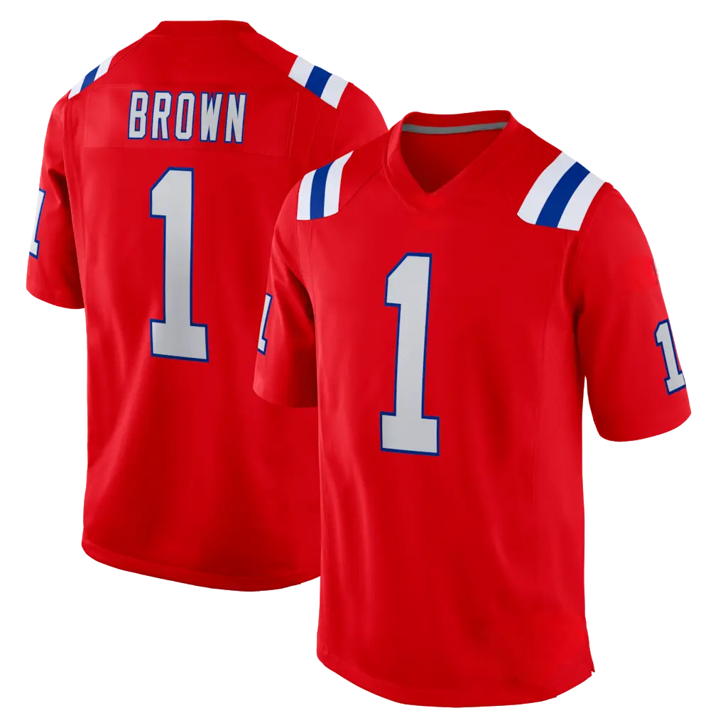 Full Print Brown #1 Football Jersey, New England Red Navy American Football Jersey, V Neck Short Sleeve Athletic Shirt, Breathable Game Day Football Top, Football Season Fan Apparel, Player Name Number Jersey, Unisex Sportswear