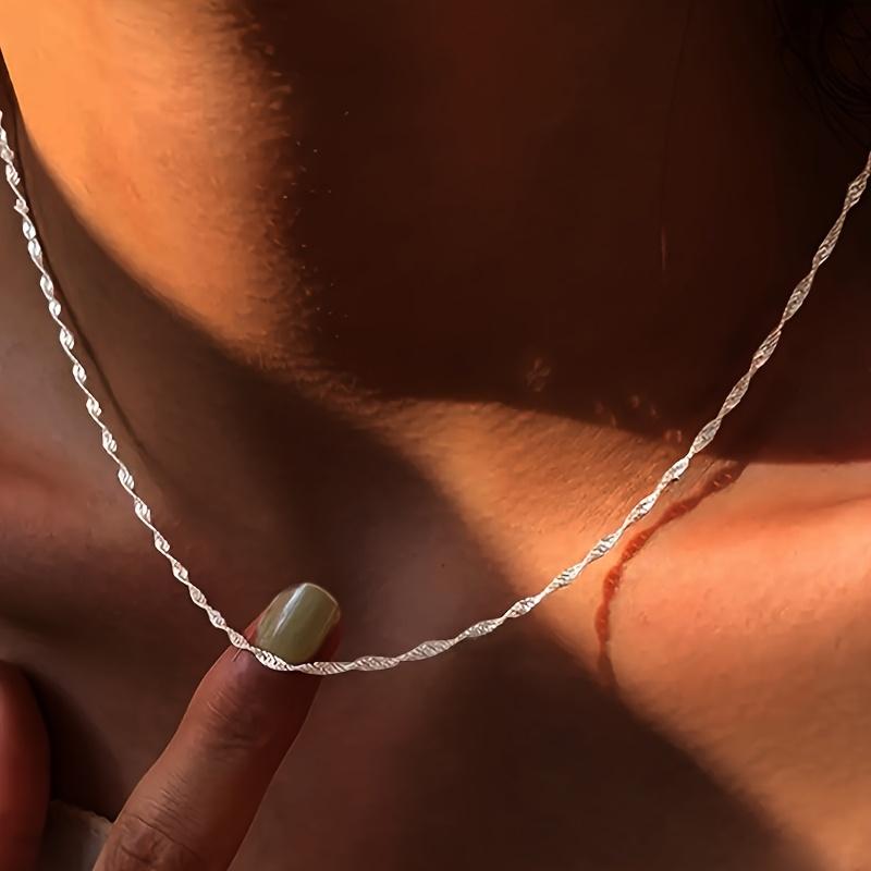 S925 Sterling Silver Simple Water Ripple Chain Necklace Casual Decoration Gift For Women