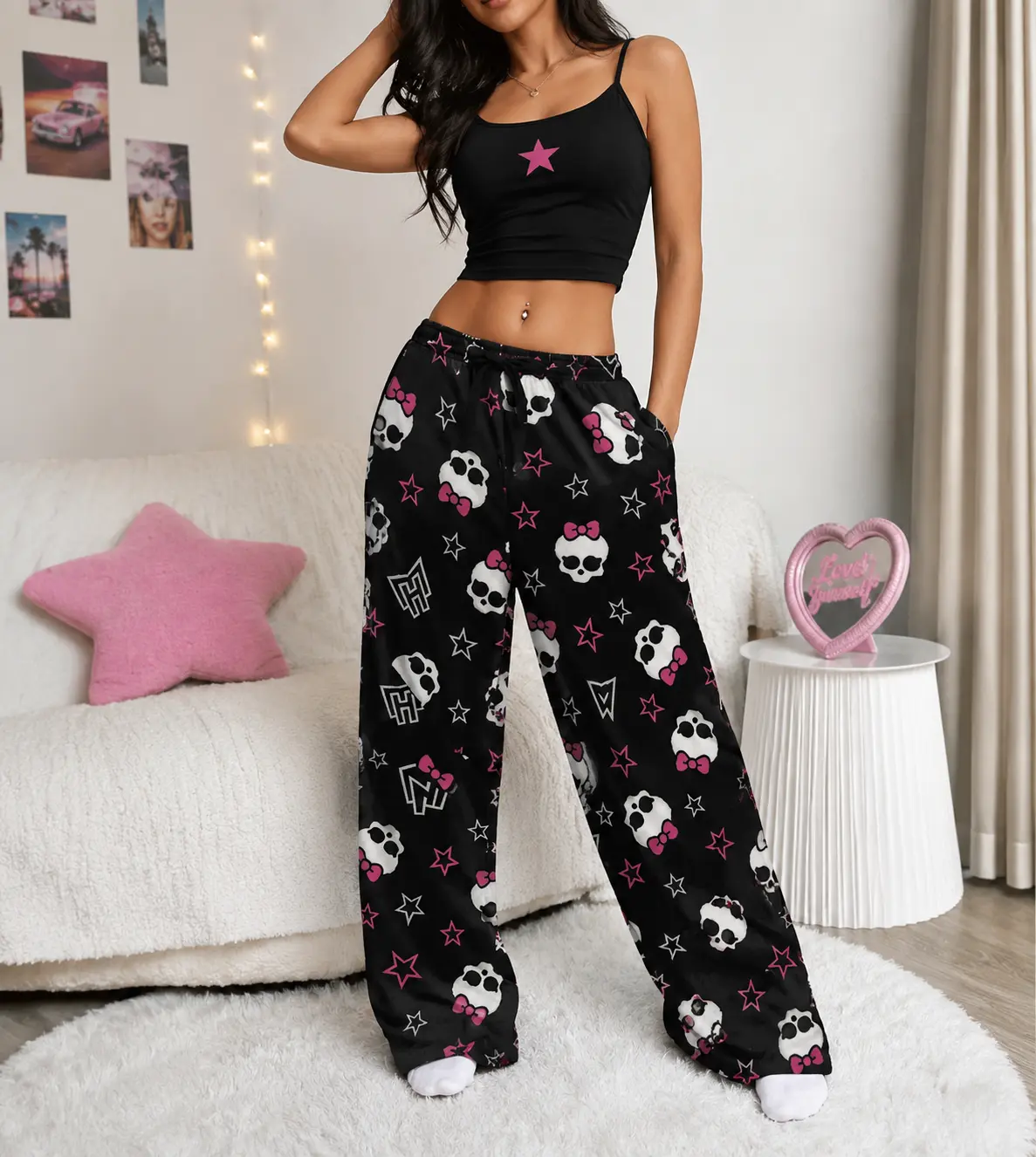 Gothic Skull Bow Pajama Pants for Women, Black Pink Star Print Sleepwear, Cute Alternative Lounge Pants, Cozy Homewear Bottoms