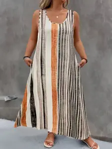 Women's Plus Size Multi-Color Irregular Striped Print Soft Skin-Friendly Tank Dress Pajama Set, Ultra Comfortable Homewear Nightdress Pj