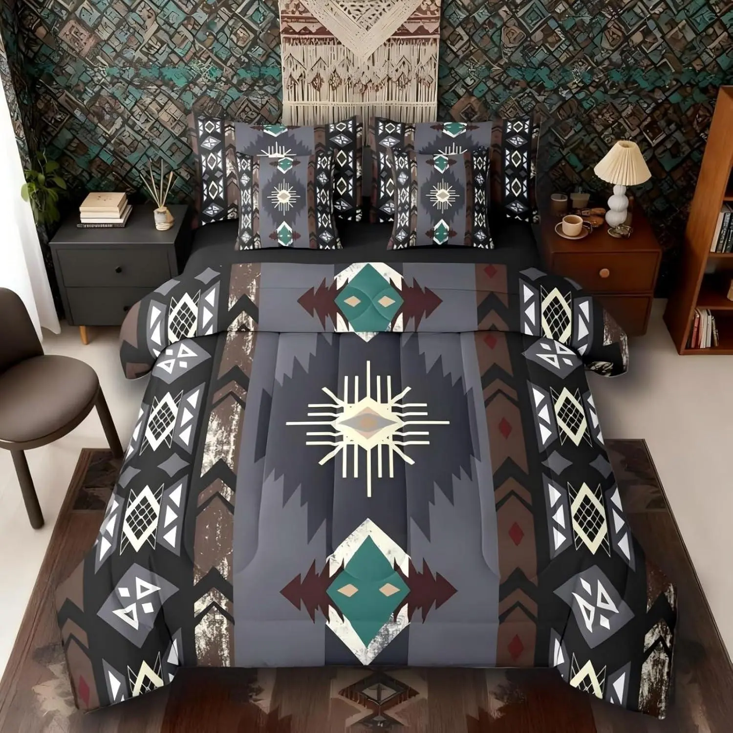 Feelyou 7-Piece Western Southwestern Aztec Bedding Set - Ethnic Tribal Arrow Vintage Geometric Comforter, Bed Sheets Set, Microfiber Bedding, Boho Decor, Gifts for Bedroom Adults & Couples, Microfiber Bedding Set