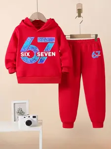 Boys' Fall Winter Trendy Set, Youth Kits, 3D Digital Print Hoodie & Sport Pants Two-Piece, Cartoon Number 67 Pattern, Casual Outdoor Wear