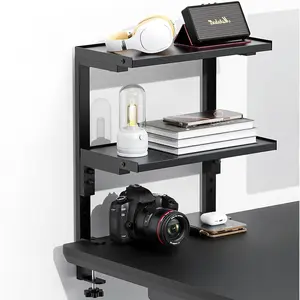 clamp on Desk Shelf, 2 Tier Office Desk Shelves Organizer, Wood Desktop Supplies Storage Rack, Desk Organizers and Accessories (Black)