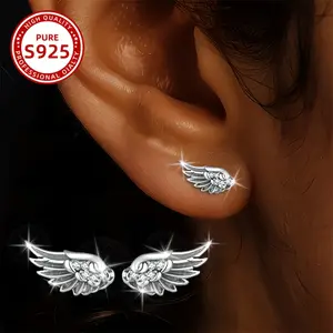 Pair of Women's Fashion Ear Studs with Angel Feather Wings, Light Luxury Style, 1.12g925 Silver Inlaid Synthetic Synthetic Zirconia, Suitable for Daily Wear, Parties, Vacations, Gifts and Beach