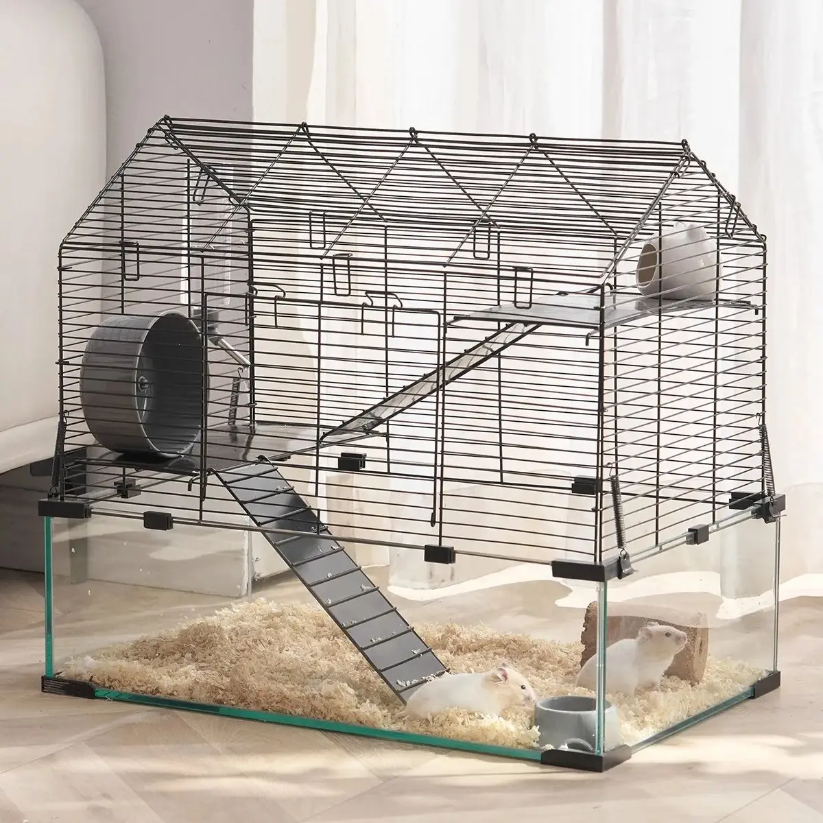 Hamster Cage, 360° Viewing Transparent Hamster Habitats, Small Animal Cage, 22.8 x 15 x 21.3 in, Ventilated Pet Mouse Cages with Water Bottle, Portable Hamster House for Rats, Guinea Pigs