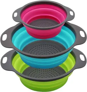 Collapsible Silicone Colander Set of 3 – Strainers for Pasta, Vegetables, & Fruits for Kitchen Utensils