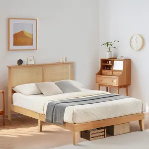 Garvee Queen Size Rattan Bed Frame with Natural Headboard, Bohemian Queen Rattan Bed Frame, Platform Bed with Wooden Legs, LED Lights, No Box Spring Needed,Easy Assembly