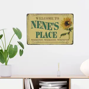 Welcome to Nene's Place Sunflower Metal Sign |   Rustic Farmhouse Wall Decor |   Vintage Tin Sign for Home, Porch & Entryway