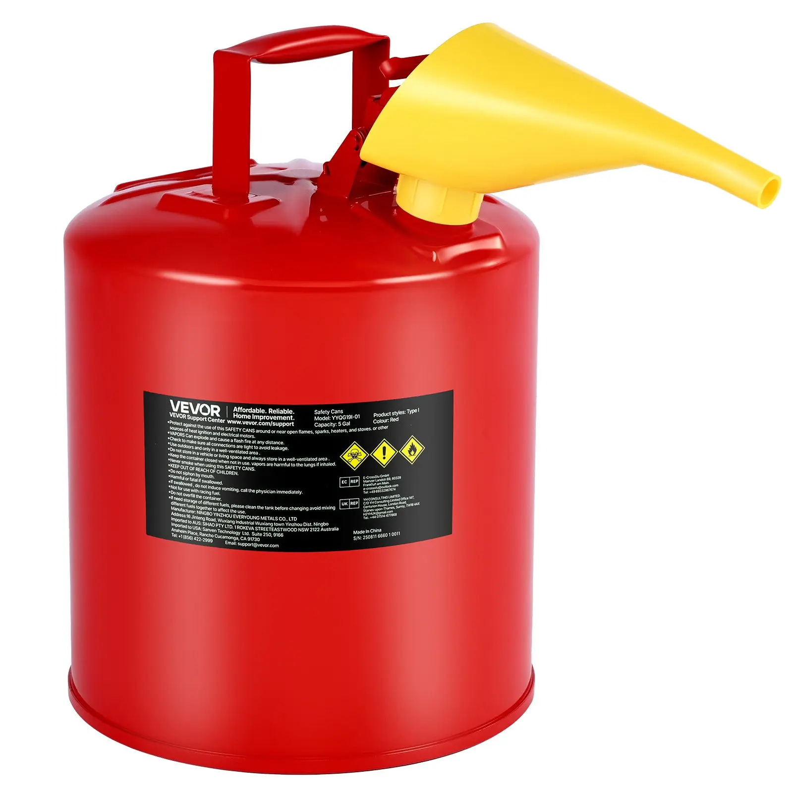【DealsForYouDays】VEVOR Safety Gas Can, 5 Gallon Type I Red Safety Can for Gasoline with Stainless Steel Flame Arrester, Self-Closing Lid, and PE Funnel, Carbon Steel Flammable Storage Container with Ergonomic Handle, 5Gal