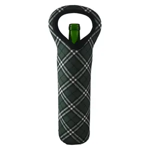 Neoprene Wine or Water Bottle Holder Soft with Handle for Discreet Easy Transport in Green Plaid Print