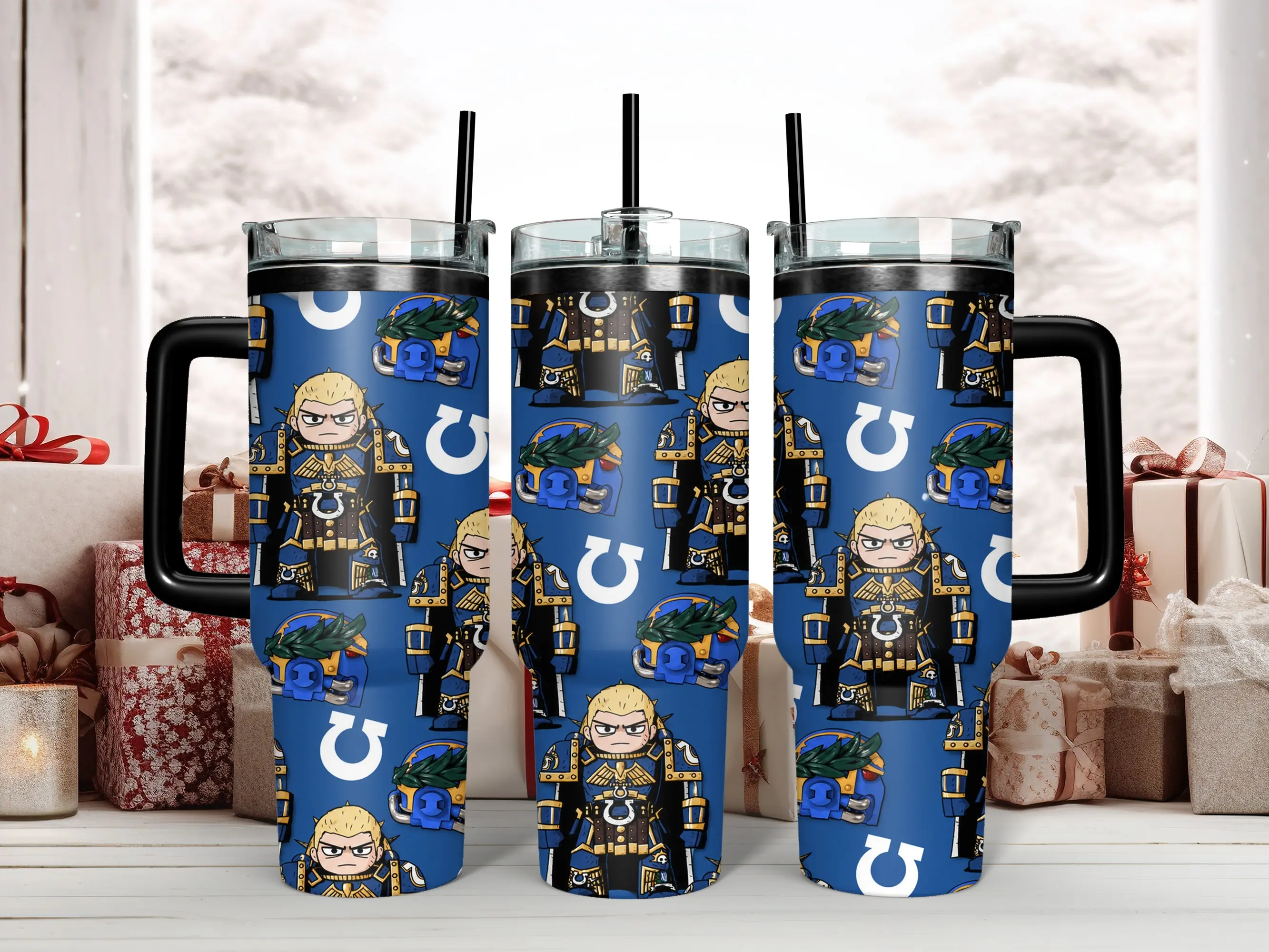 Cute Chibi Warhammer 40K Roboute Guilliman Ultramarines Tumbler - Primarch & Space Marine Helmet Pattern 40oz Insulated Stainless Steel Travel Mug with Handle & Straw - Perfect Tabletop Gamer Gift