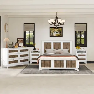 [SOIYELIFE] 4-Pieces Bedroom Sets, Queen/Full Size Farmhouse Platform Bed with Wooden Strip Stickers Decoration, Storage Nightstand and Dresser with Metal Handle, White Cool furniture
