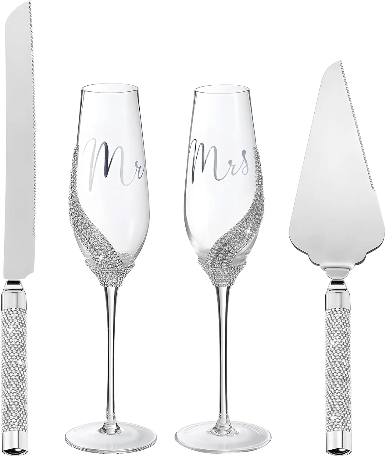 4 count Wedding Cake  and Champagne Flutes Server Set, Toasting  Rhinestone Champagne Flutes Glasses Cake  Pie Server Wedding Gifts for Couple Bride Groom (,Classic)
